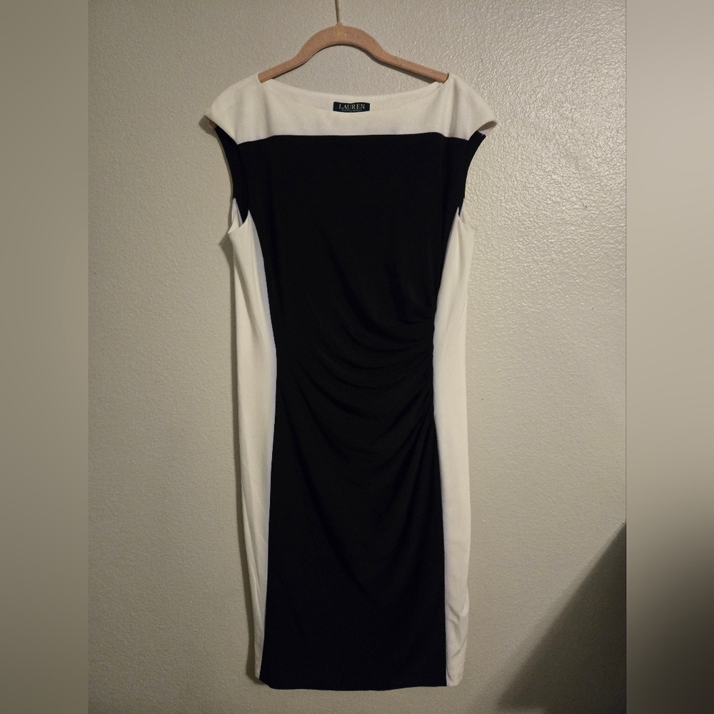 Ralph Lauren Black White Midi Dress, Vertical Clockblock Ruched Sides, Lined, 12
